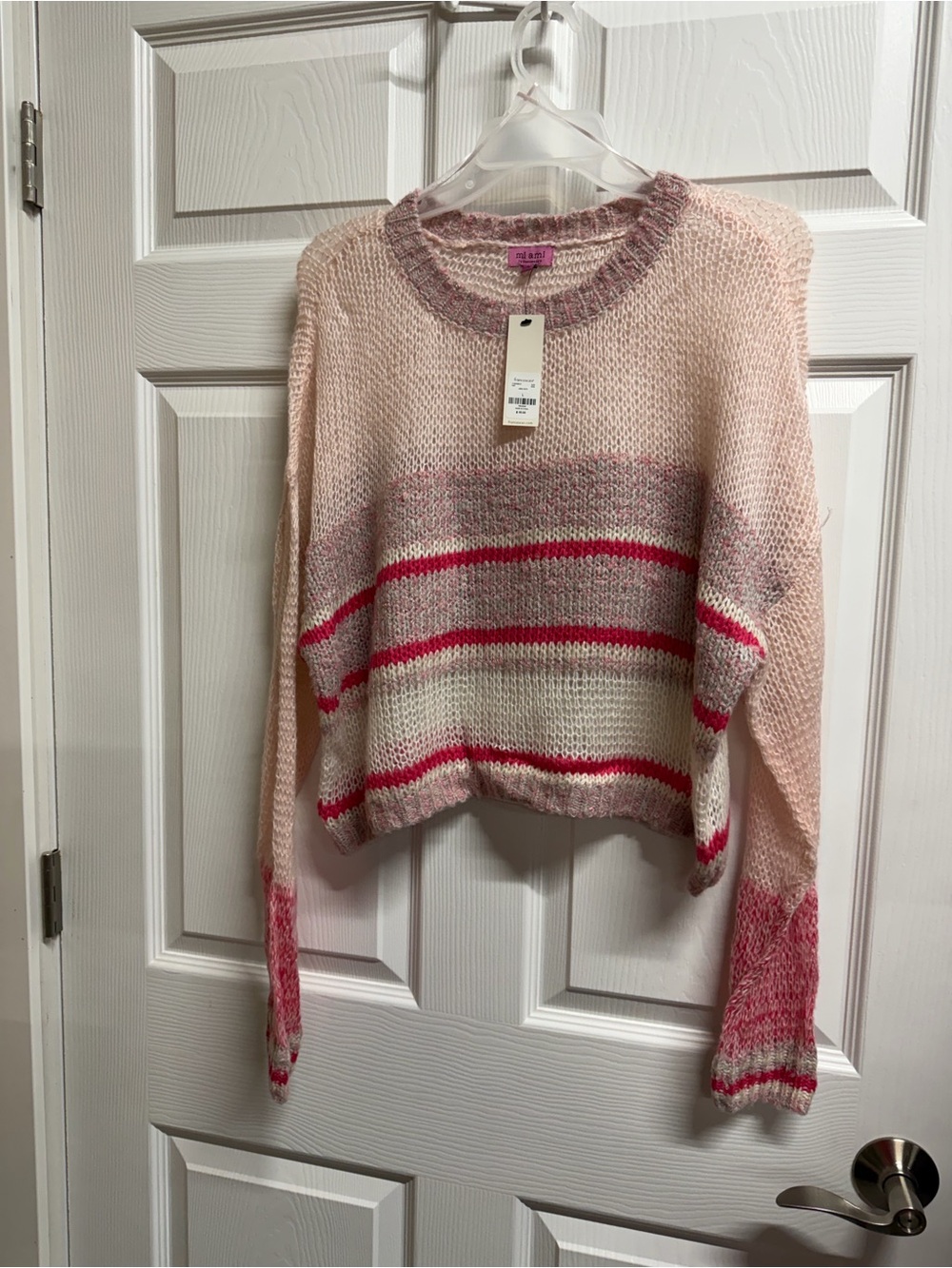 Francesca's Collections Pink & Cream Striped Crew Sweater with Magenta Accents
